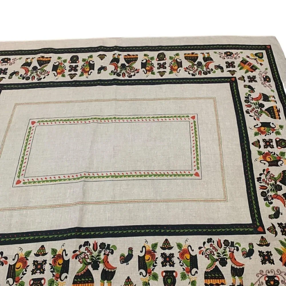 Vintage Folk Art Table Cloth Dutch Couple Linen Rectangle Tan 64 in x 50 in